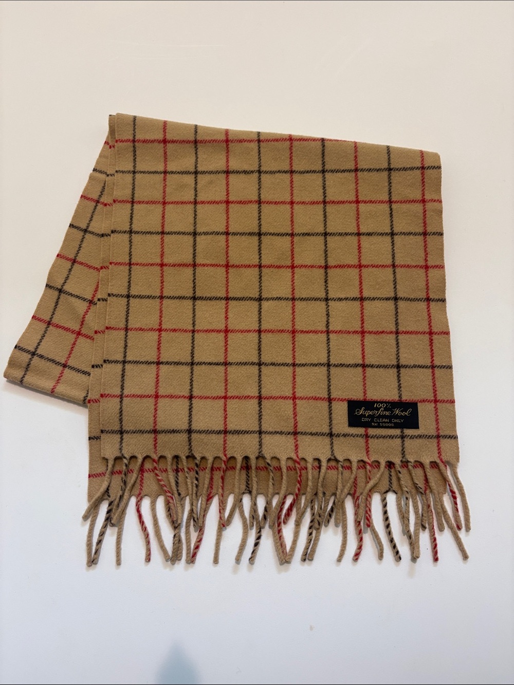 Beige Plaid Wool Scarf with Fringe